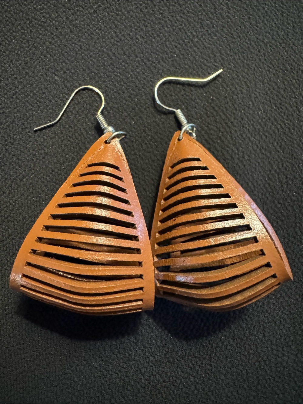 Brown Leather Cutout Fringe Statement Earrings 3” Boho Dangle